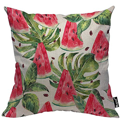 Mugod Slices of Watermelon Throw Pillow Exotic Tropical Fruit Leaves Seed Red Green Cotton Linen Square Cushion Cover Standard Pillowcase 18x18 Inch for Home Decorative Bedroom Living Room Car Mugod Slices of Watermelon Throw Pillow Exotic Tropical Fruit Leaves Seed Red Green Cotton Linen Square Cushion Cover Standard Pillowcase 18x18 Inch for Home Decorative Bedroom Living Room Car