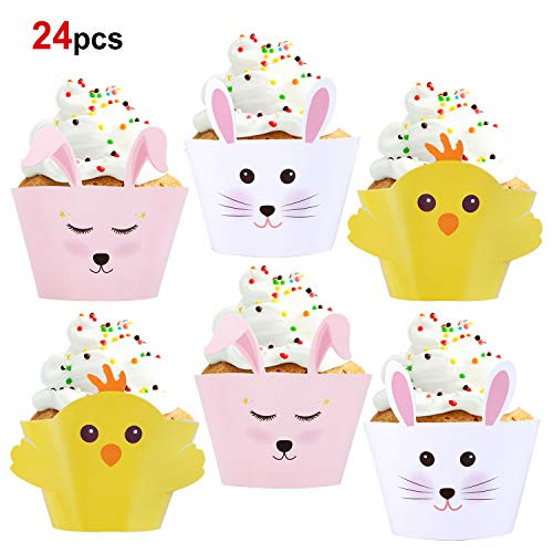 Konsait 24 Pack Bunny Chicks Cupcake Wrappers Toppers Animal Party Decorations Reversible Easter Cupcake Wrappers Cake Table Decorations Party Supplies for Kids Birthday Party Easter Decorations