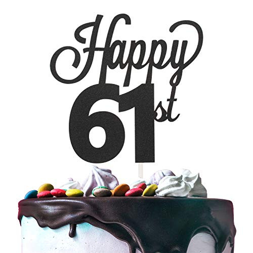 61st Happy Birthday Cake Topper Premium Double Sided Black Glitter Cardstock Paper Party Decoration - 6'' x 8'' Sixty-first 61 Years Old Bday Wedding Anniversary Topper.