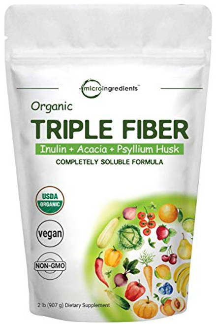 Organic Triple Soluble Fiber Powder  Inulin Acacia Psyllium Husk  2 Pounds  32 Ounce  3 in 1 Fiber Complex Premium Fiber Prebiotics Supplement for Digestive Health Water Soluble Non GMO Vegan