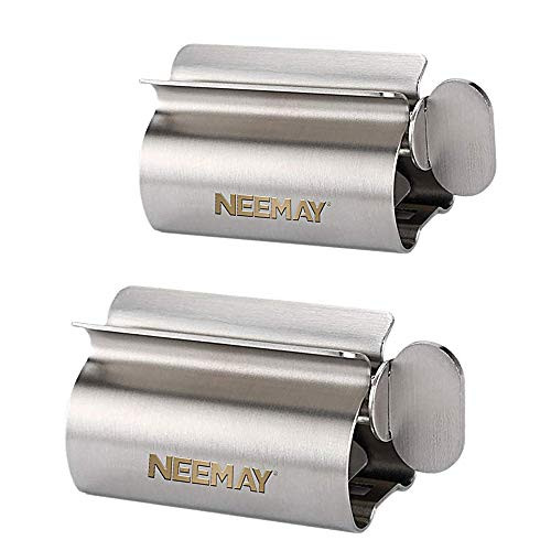 Toothpaste Tube Squeezer NEEMAY Metal Toothpaste Squeezer Rollers Toothpaste Dispenser Rolling Tube Toothpaste Wringer 304 Stainless Steel Tube Squeezer Seat Holder Stand 2 Pcs Set Standard Size