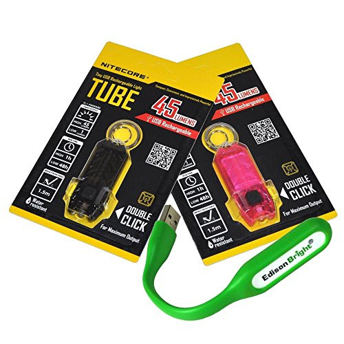 EdisonBright Nitecore Tube Black Pink Pair of 45 Lumen USB Rechargeable Keychain Lights Flexible USB Reading Light Bundle