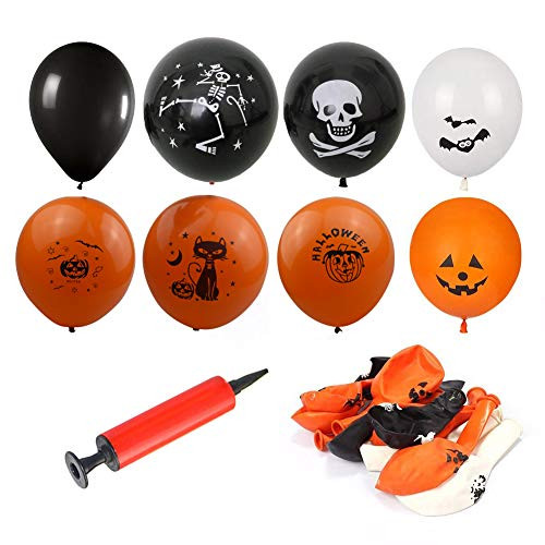 Halloween Balloons Decorations,Simuer 100 Pieces 12'' Pumpkin Skeleton Bat Specter Latex Balloons with a Air Pump for Halloween Party Supplies