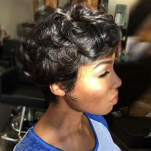 VCK Women s Short Cut Synthetic Hair Natural Wavy Wigs Natural Black Heat Resistant Wig