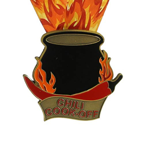 Decade Awards Chili Cook Off Medal with Flaming Neckband   Gold   1st Place Chili Pot Medallion   35 Inch