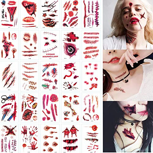 30 Sheets Horror Realistic Fake Bloody Wound Stitch Scar Scab Waterproof Temporary Tattoo Sticker Halloween Masquerade Prank Makeup Props