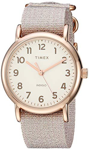 Timex Women s TW2R92400 Weekender 38 Metallic Blush Fabric Slip Thru Strap Watch