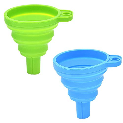 KOPEESY Silicone Collapsible Funnel Set of 2 Flexible Silicone Foldable Kitchen Funnel for Liquid Powder Transfer Food Grade Silicone Funnel  Small Green and Blue