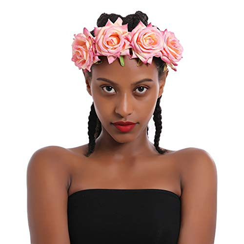Fstrend Rose Flower Crown Wedding Bride Flower Wreath Headband Pink Hair Garland Bridal Wedding Headpiece for Women and Girls