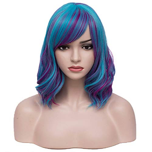 BERON Women s Short Blue Wavy Bob Wig Curly Wig with Bangs Halloween Cosplay Wig Daily Use Synthetic Wigs  Blue Purple