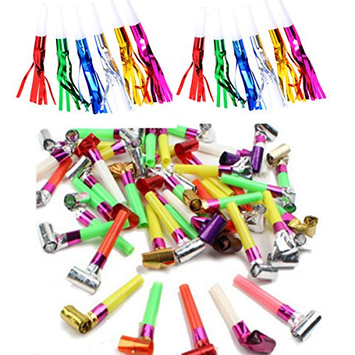 144 Pcs Two Kinds Noisemakers Blowouts Party Horns, Party Favors, New Years Party Noisemakers, Party Whistles and Streamers, Random Color