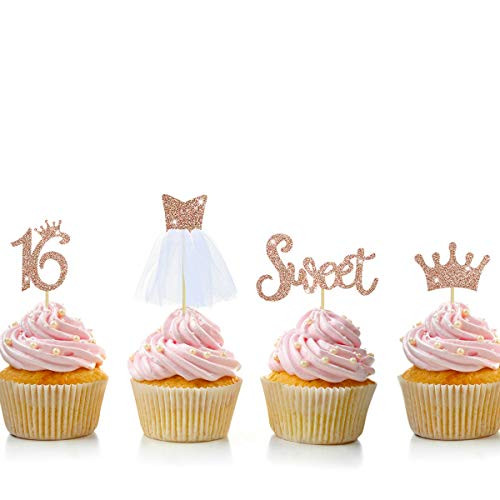 32 Rose Gold Glitter Sweet Sixteen Lovely Birthday Party Decorations Cupcake Topper Kit With Figure 16CrownSweet3D Tulle Dress Cupcake Toppers for Sweet Sixteen Party Birthday Party Decorations