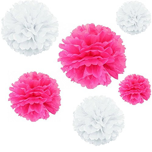 Joinwin 12PCS Mixed Sizes White Hot Pink Tissue Paper Flower Pom Poms Pompoms Wedding Birthday Party Nursery Decoration