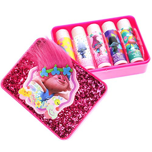 Townley Girl Dreamworks Trolls Sparkly Lip Balm For Girls 5 pack with Decorative Tin