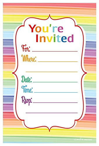 Colorful Rainbow Party Invitations - Fill In Style (20 Count) With Envelopes