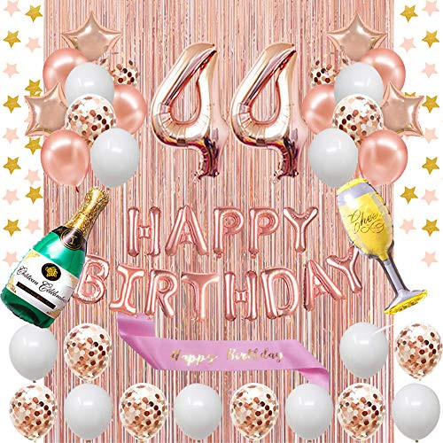 Fancypartyshop 44th Birthday Decorations   Rose Gold Happy Birthday Banner and Sash with Number 44 Balloons Latex Confetti Balloons Ideal for Women 44 Years Old Birthday