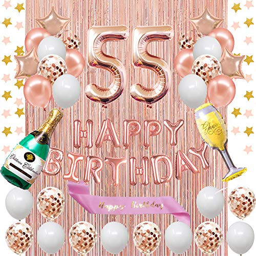 Fancypartyshop 55th Birthday Decorations   Rose Gold Happy Birthday Banner and Sash with Number 55 Balloons Latex Confetti Balloons Ideal for Women 55 Years Old Birthday