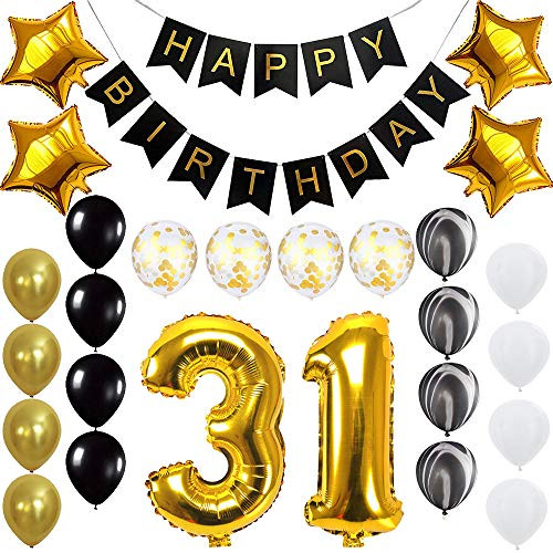 Happy 31st Birthday Banner Balloons Set for 31 Years Old Birthday Party Decoration Supplies Gold Black