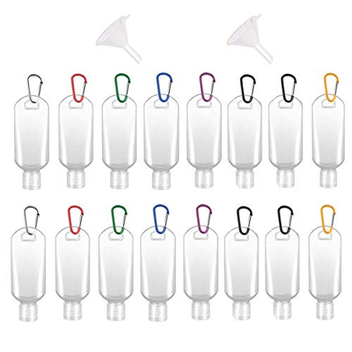 16 Pack 50ml 17oz Travel Plastic Clear Keychain Bottles Leakproof Refillable Empty Bottles Portable Squeeze Containers with 16Pcs Carabiner and 2Pcs Funnels