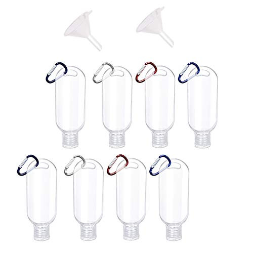8 Pack 50ml 17oz Travel Plastic Clear Keychain Bottles Leakproof Refillable Empty Bottles Portable Squeeze Containers with 8Pcs Carabiner and 2Pcs Funnels