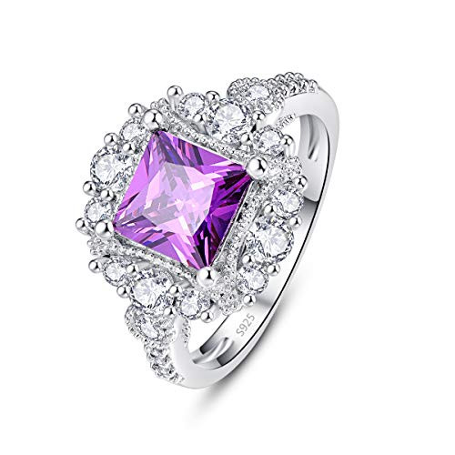 PAKULA 925 Sterling Silver Women Princess Cut Simulated Amethyst Halo Engagement Ring Size 9