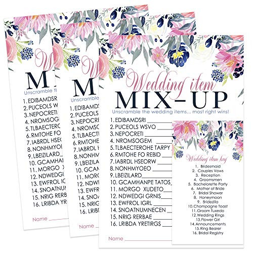 Paper Clever Party Rustic Bridal Shower Games Word Scramble (Set of 25 Cards) Activity for Guests Navy and Pink Floral