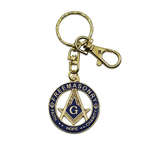Faith Hope Charity Square   Compass Round Masonic Key Chain    Gold   Blue  1 1 2   Diameter
