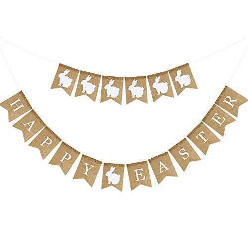 Supla 2 Pack Spring Easter Decor Happy Easter Banner Easter Bunting Easter Rabbits Bunny Burlap Garland Rustic Easter Bunny Burlap Banner Flag Bunting Easter Spring Sign for Easter Mantle Baby Shower Party Photo Props