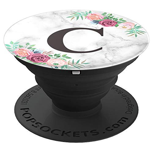 Letter C Marble PopSocket Monogram Pink Rose Floral Initial PopSockets Grip and Stand for Phones and Tablets