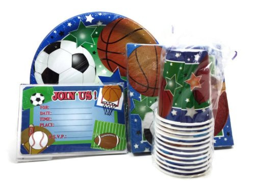 Sports Themed Party Pack for 10- Invitations, Plates, Napkins, Cups - Baseball, Football, Soccer, Basketball Sports Themed Party Pack for 10- Invitations, Plates, Napkins, Cups - Baseball, Football, Soccer, Basketball