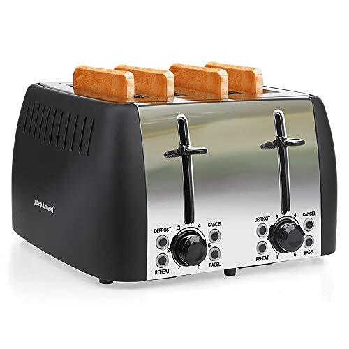 prepAmeal 4 Slice Toaster Stainless Steel Toaster Four Slice Bagel Toaster Small Bake Toaster with 6 Browning Setting Reheat Defrost Bagel Cancel Function Extra Wide Slots  Black   4 Slice