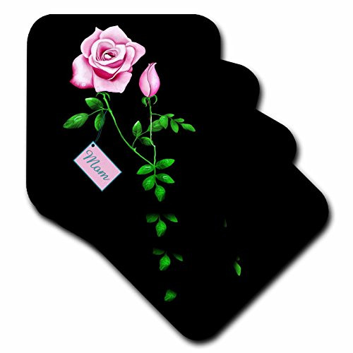 3dRose cst 11661 1 Pretty Pink Rose with Rosebud Design for Mothers Day on a Dramatic Black Background Soft Coasters Set of 4