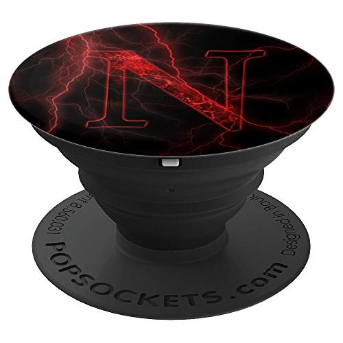 Red Lightning abstract Letter N Monogram on black PopSockets Grip and Stand for Phones and Tablets