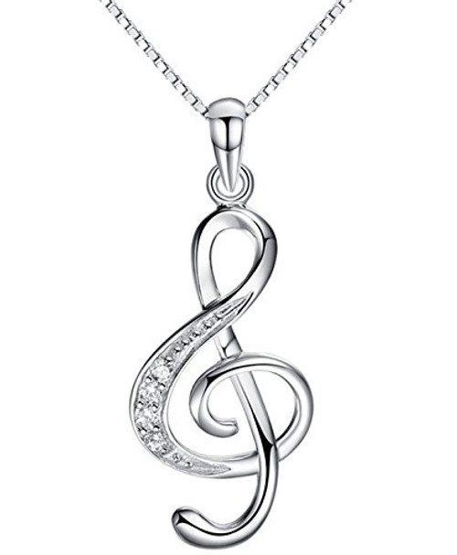 QXJX Music Note Pendant Necklace 925 Sterling Silver Cubic Zirconia Jewelry for Women Girl Box Chain 18