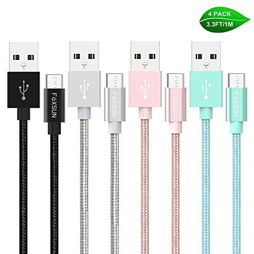 Micro USB Cable Nylon Braided,Foxsun 4Pack 3.3ft/1m Android Charger Cable USB to Micro USB Charging Cable Samsung Charger Cord for Android,Samsung, HTC, Nokia, Sony and More (Black, Silver,Pink,Green)