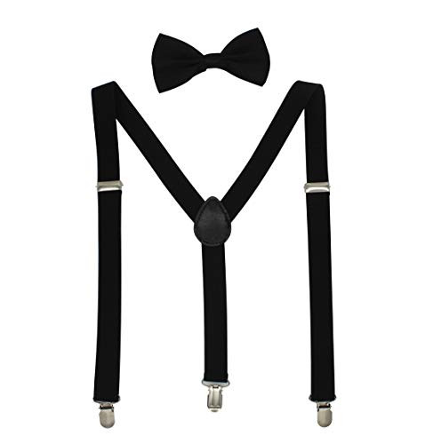 Solid Color Suspenders and Bow Tie Set For Men and Women Adjustable Elastic Y Back Style Suspenders With Strong Metal Clips  Black
