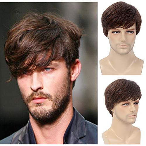 H Bwig Men Wig Short Brown Straight Full Wigs Halloween Daily Party Costume Cosplay Hairpiece