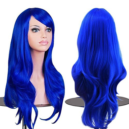 BERON 28  Classical Long Wavy Curly Cosplay Halloween Party Wigs with Wig Cap  Dark Blue