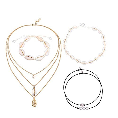 5 Pieces Natural Seashell Necklace Choker Puka Shell Anklet Suit BSSN Handmade Pearls Shells Necklace Hawaiian Beach Cowrie Shell Choker Necklace Bracelet Jewelry Set Adjustable for Girls Womens