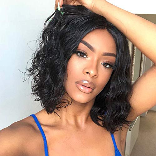 Nnzes Synthetic Curly Bob Wig Short Black Bob Wavy Hair Shoulder Length Wigs for Women Middle Part Synthetic Heat Resistant Wigs