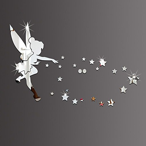 26pcs Set Tinkerbell Fairy Wall Mirror Acrylic Mirrored Decorative Tinker Bell Wall Stickers Home Decoration  Silver