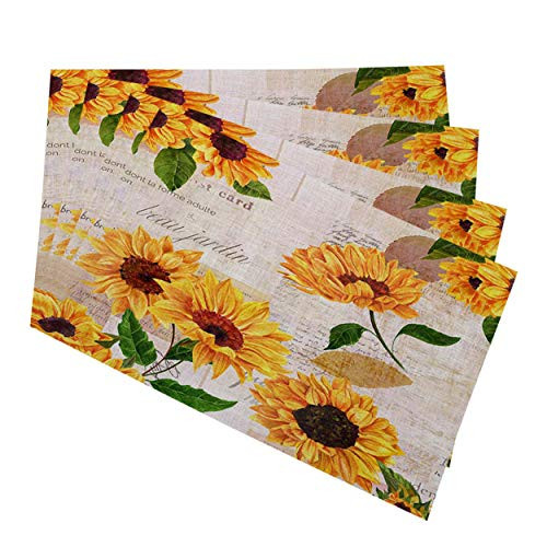 Mugod Sunflowers Placemats Hand Drawn Vibrant Yellow Watercolor Sunflowers on Background of Old Letters Decorative Heat Resistant Non Slip Washable Place Mats for Kitchen Table Mats Set of 4 12 x18