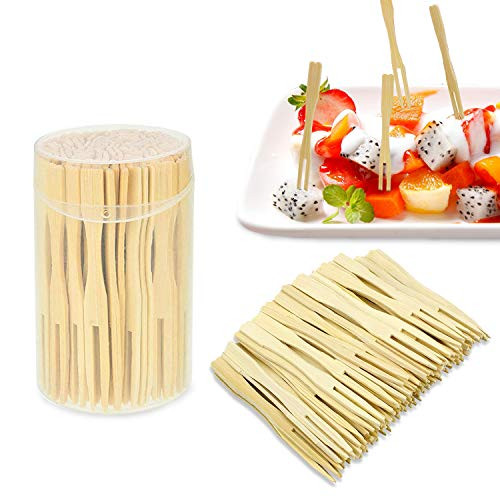 Bamboo Forks 35 Inches Disposable Mini Food Picks Double Prong Fruit Cocktail Forks Blunt end Forks for Appetizer Cocktail Fruit Pastry Dessert  110 Pcs