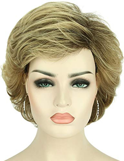 Kalyss Short Curly Wavy Ombre Blonde Wigs with Hair Bangs Natural Looking Dark Roots Synthetic Full Hair Wig