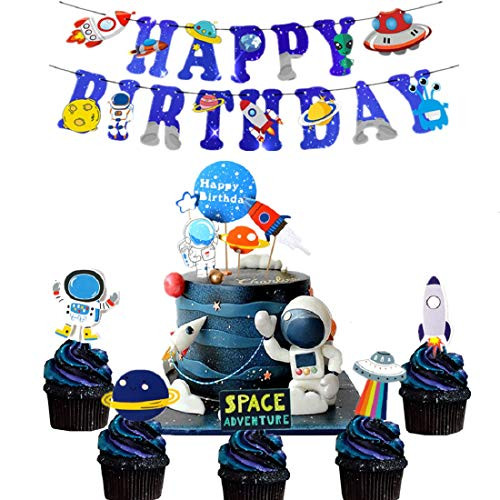 LaVenty Set of 26 Space Theme Birthday Party Banner Solar System Decoration Outer Space Cake Cupcake Toppers Rocket Astronaut UFO Outer Space Theme Party