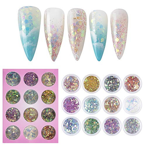 QIMYAR 12 Boxes Holographic Mermaid Glitter Chunky Glitter Sequins Iridescent Flakes Hexagon Mixed Paillette Colorful Face Body Hair Nail Makeup Nail Art Decals QIMYAR 12 Boxes Holographic Mermaid Glitter Chunky Glitter Sequins Iridescent Flakes Hexagon Mixed Paillette Colorful Face Body Hair Nail Makeup Nail Art Decals