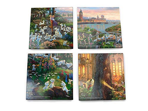 Disney 101 Dalmatians Glass Coaster Set Decor   Thomas Kinkade   Comes With Stylish Modern Wooden Holder