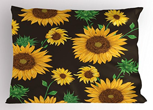 Lunarable Sunflower Pillow Sham, Earth Tones Floral Buds Leaves Spring Nature Vintage Pattern, Decorative Standard Queen Size Printed Pillowcase, 30 X 20 inches, Seal Brown Earth Yellow Green