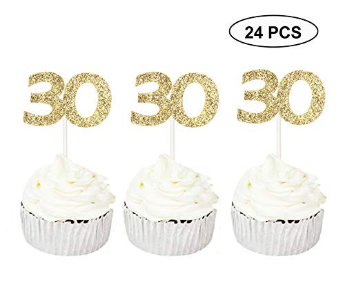 24 PCS 30th Cupcake Toppers   Anniversary or Birthday Cupcake Picks Party Decoration Supplies   Gold 30th