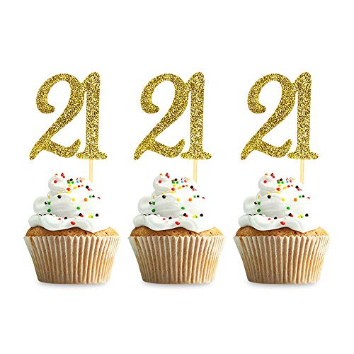 48PCS 21th Cupcake Toppers Gold Glitter 21 Birthday Cupcake Picks Party Decoration Supplies